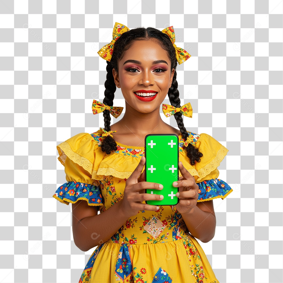 Mulher com Roupa de Festa Junina Celular com Chroma Key PNG Transparente