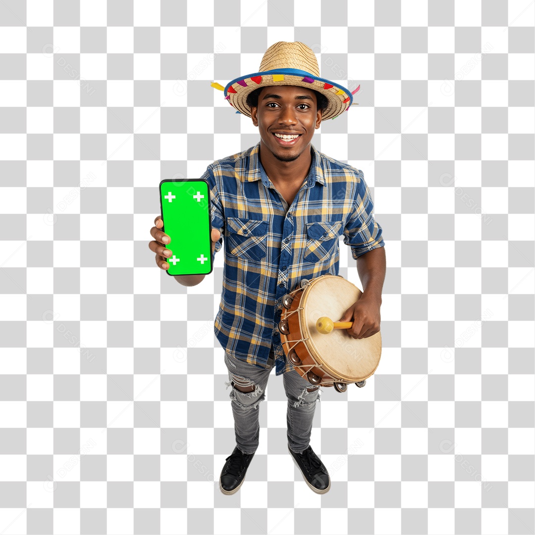 Homem com Roupa de Festa Junina Celular com Chroma Key PNG Transparente