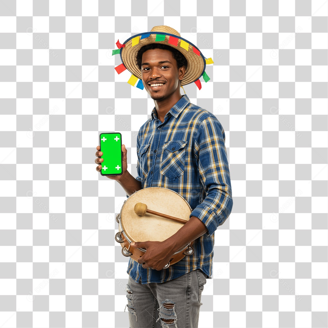Homem com Roupa de Festa Junina Celular com Chroma Key PNG Transparente