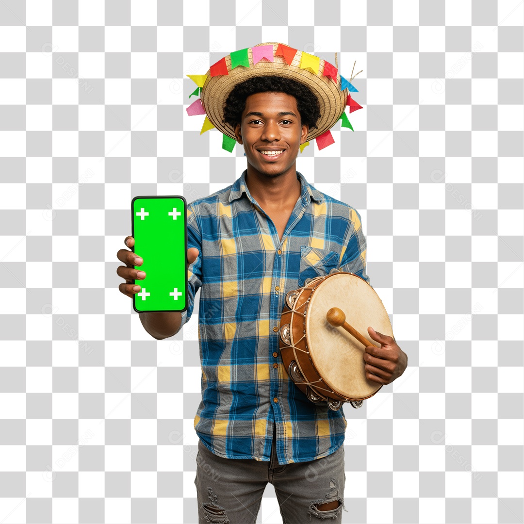 Homem com Roupa de Festa Junina Celular com Chroma Key PNG Transparente
