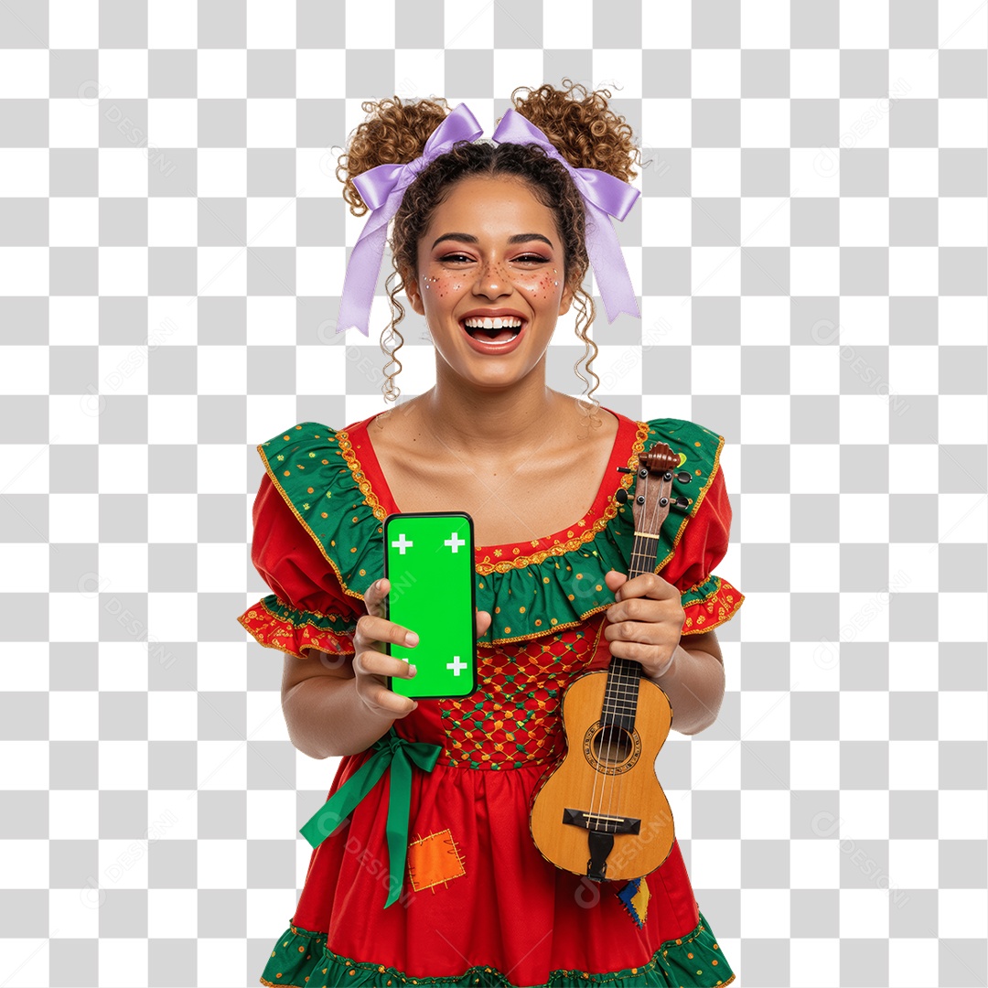 Mulher com Roupa de Festa Junina Celular com Chroma Key PNG Transparente