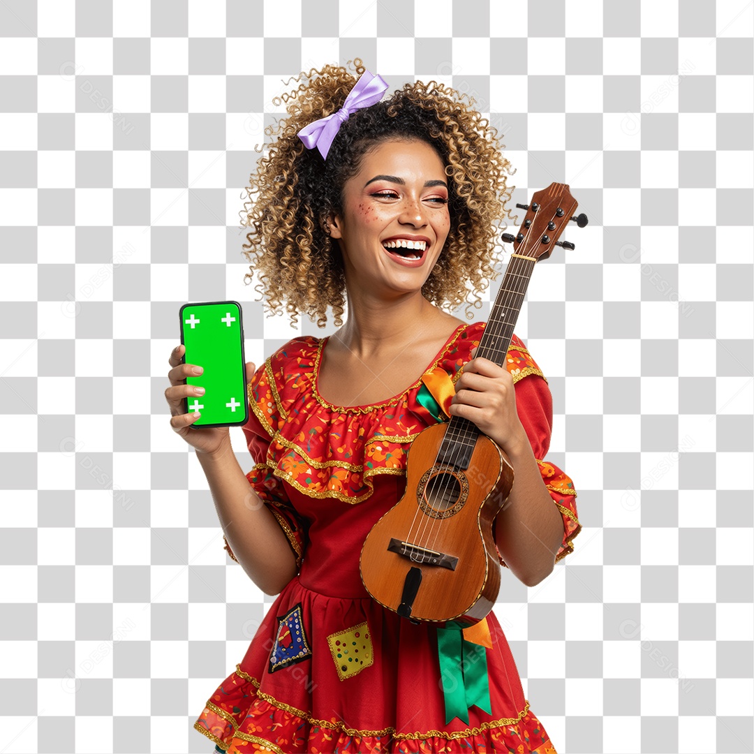 Mulher com Roupa de Festa Junina Celular com Chroma Key PNG Transparente