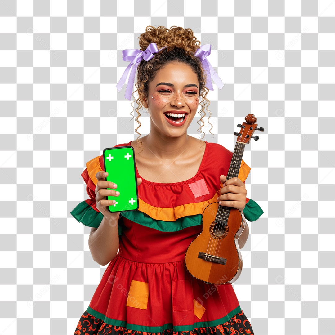 Mulher com Roupa de Festa Junina Celular com Chroma Key PNG Transparente