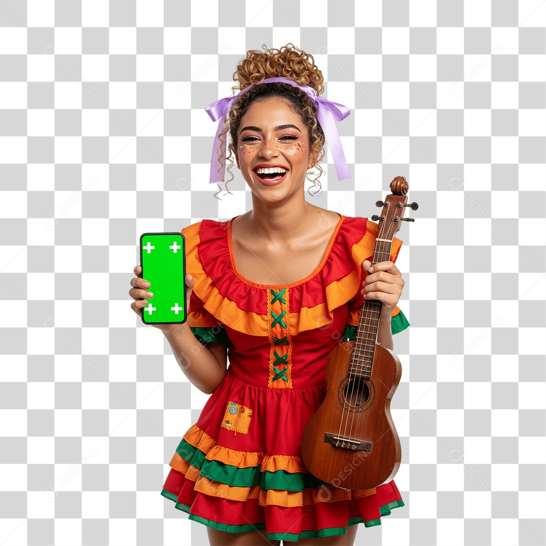 Mulher com Roupa de Festa Junina Celular com Chroma Key PNG Transparente