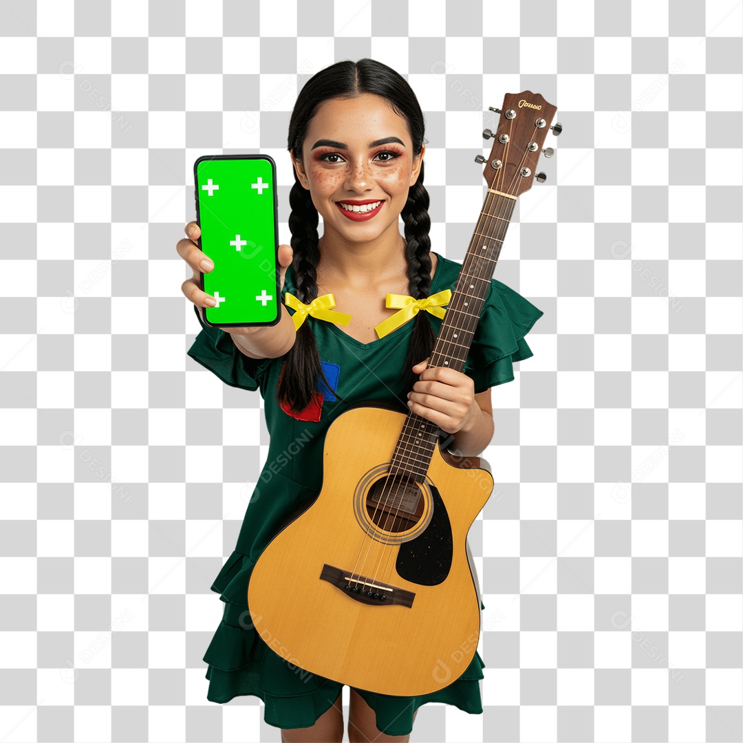 Mulher com Roupa de Festa Junina Celular com Chroma Key PNG Transparente