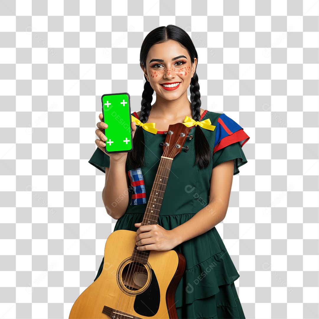 Mulher com Roupa de Festa Junina Celular com Chroma Key PNG Transparente