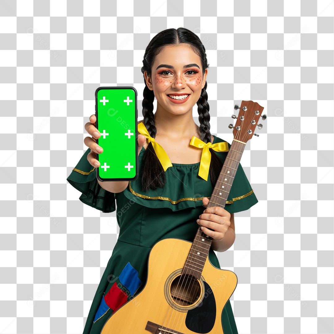 Mulher com Roupa de Festa Junina Celular com Chroma Key PNG Transparente