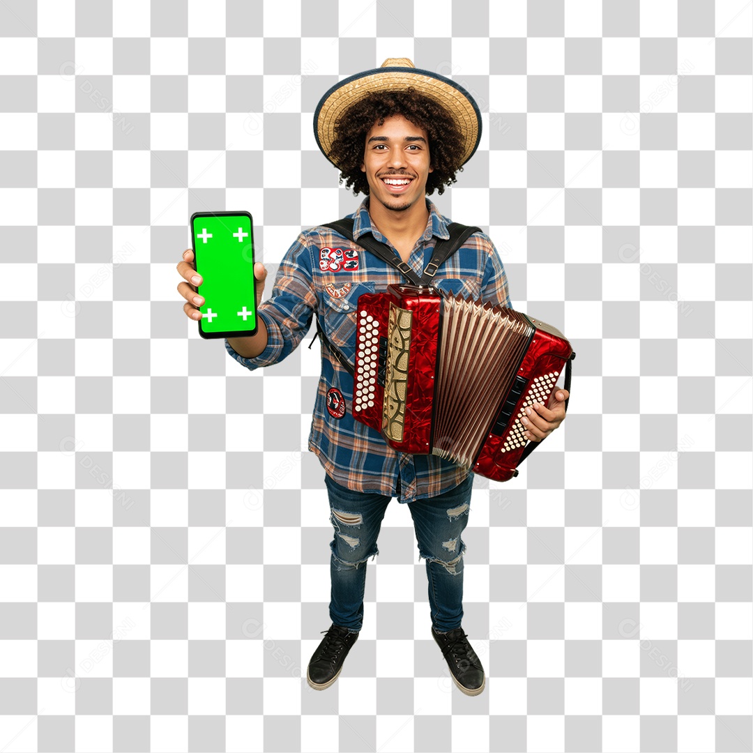 Homem com Roupa de Festa Junina Celular com Chroma Key PNG Transparente