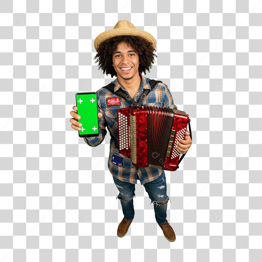 Homem com Roupa de Festa Junina Celular com Chroma Key PNG Transparente
