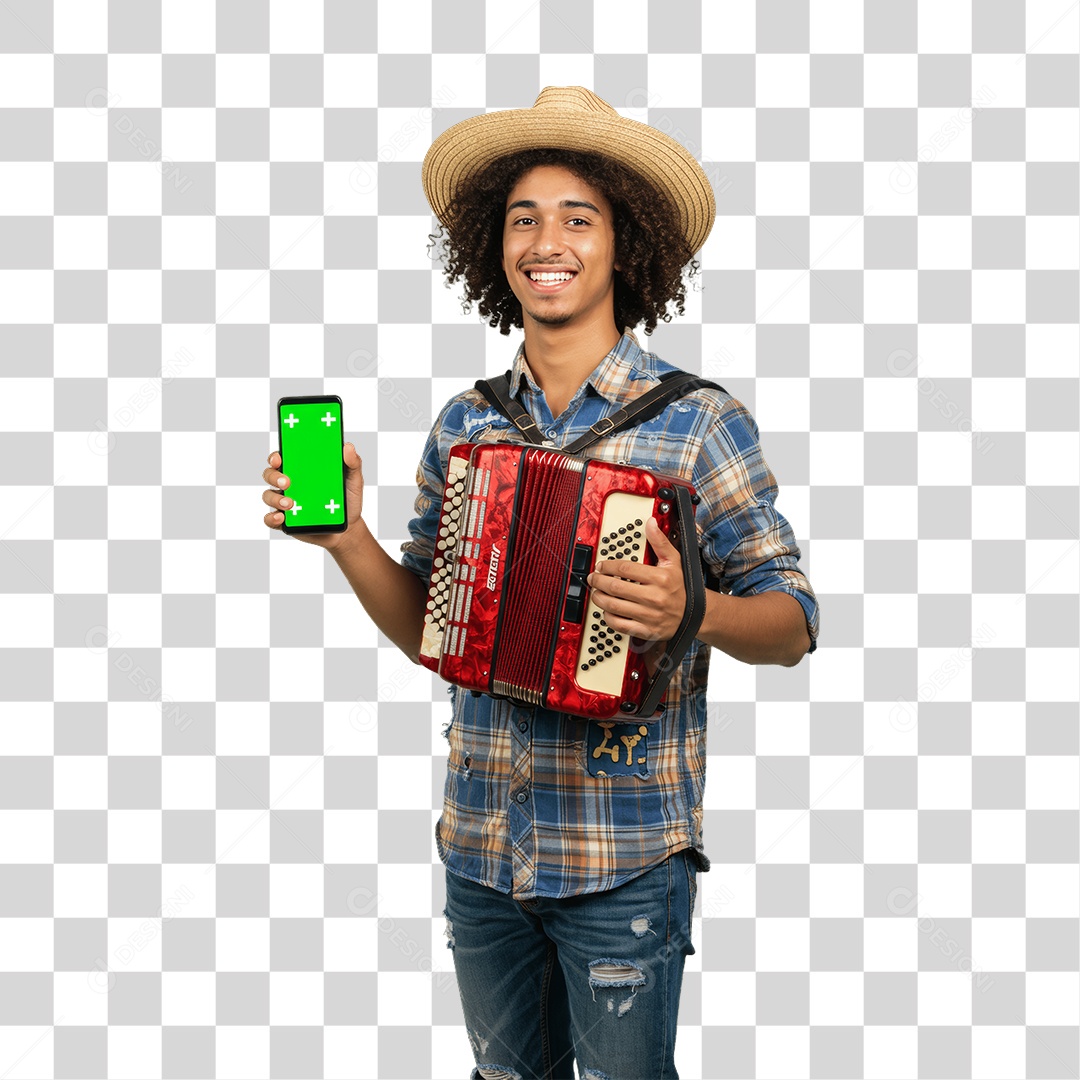 Homem com Roupa de Festa Junina Celular com Chroma Key PNG Transparente