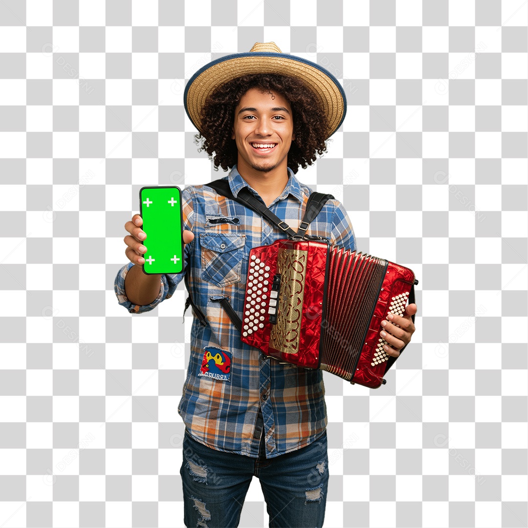 Homem com Roupa de Festa Junina Celular com Chroma Key PNG Transparente