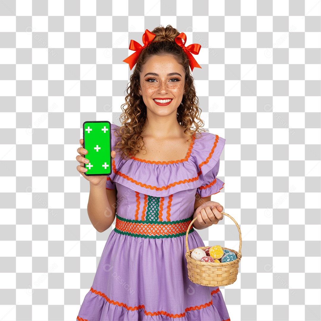 Mulher com Roupa de Festa Junina Celular com Chroma Key PNG Transparente