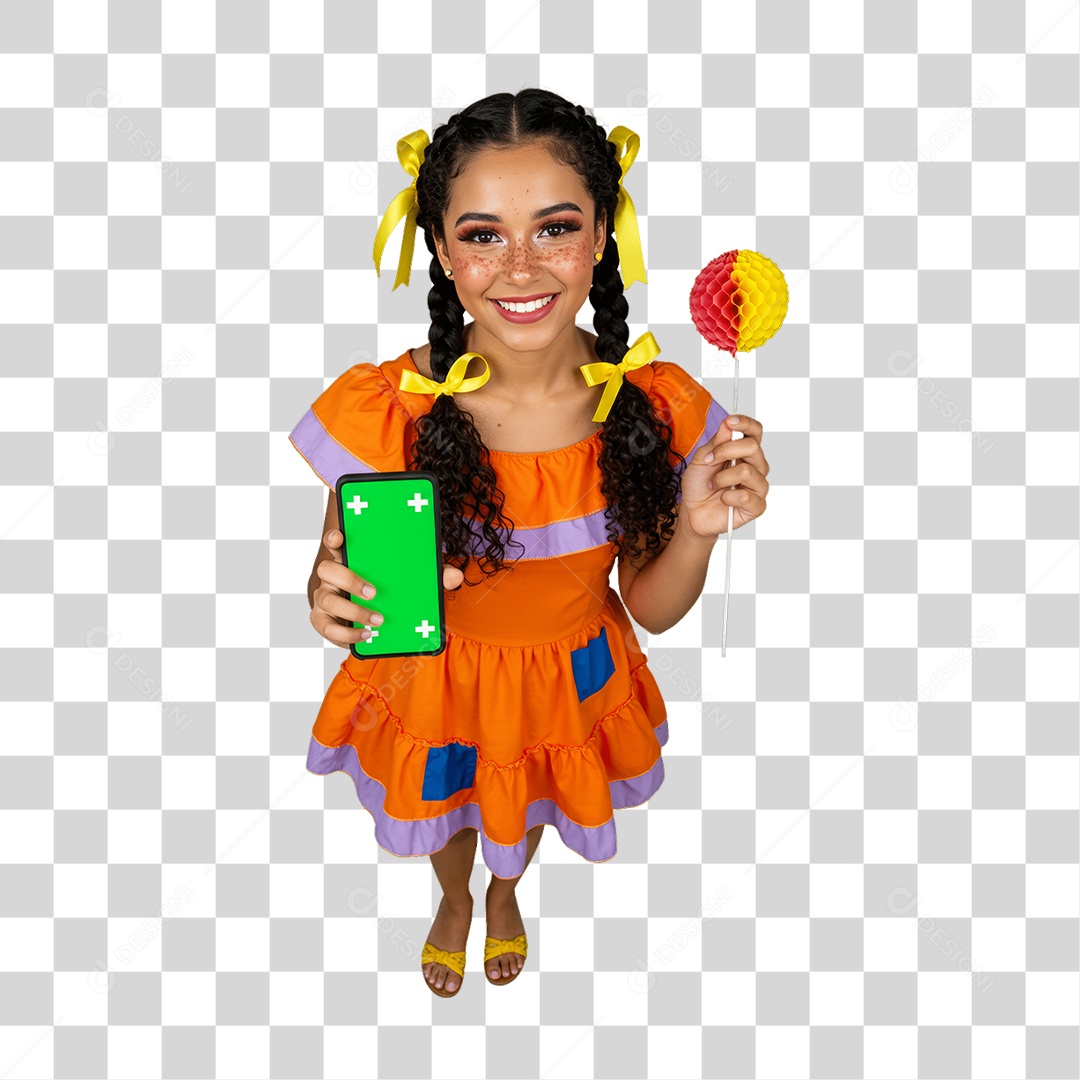 Mulher com Roupa de Festa Junina Celular com Chroma Key PNG Transparente