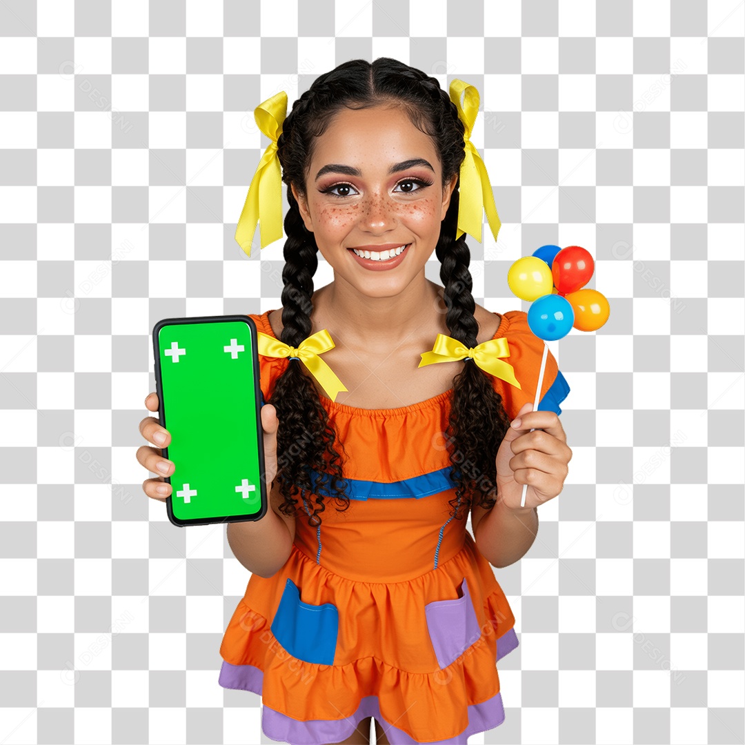 Mulher com Roupa de Festa Junina Celular com Chroma Key PNG Transparente
