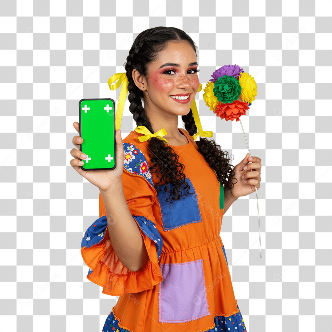 Mulher com Roupa de Festa Junina Celular com Chroma Key PNG Transparente