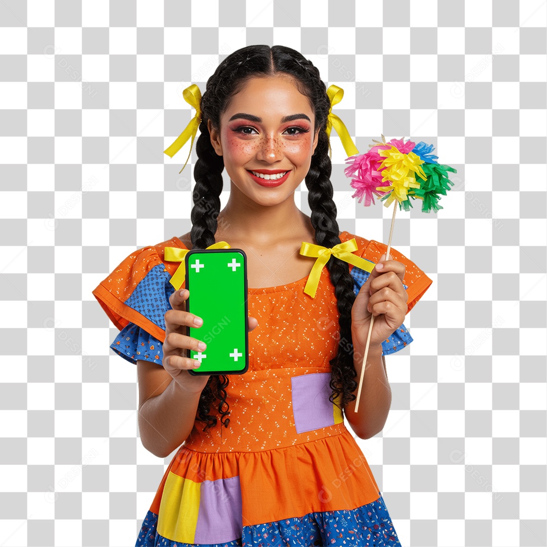 Mulher com Roupa de Festa Junina Celular com Chroma Key PNG Transparente