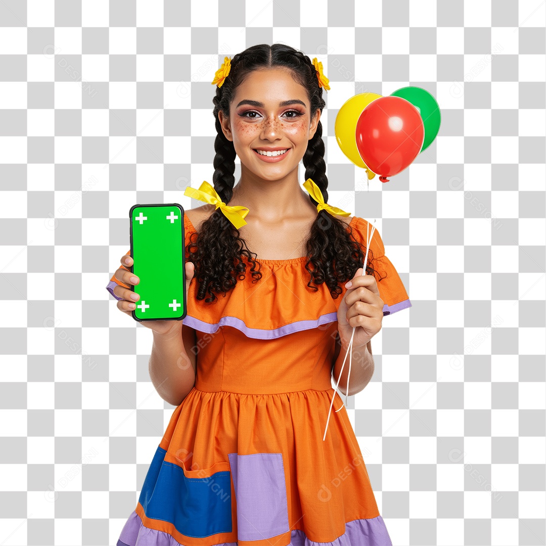 Mulher com Roupa de Festa Junina Celular com Chroma Key PNG Transparente