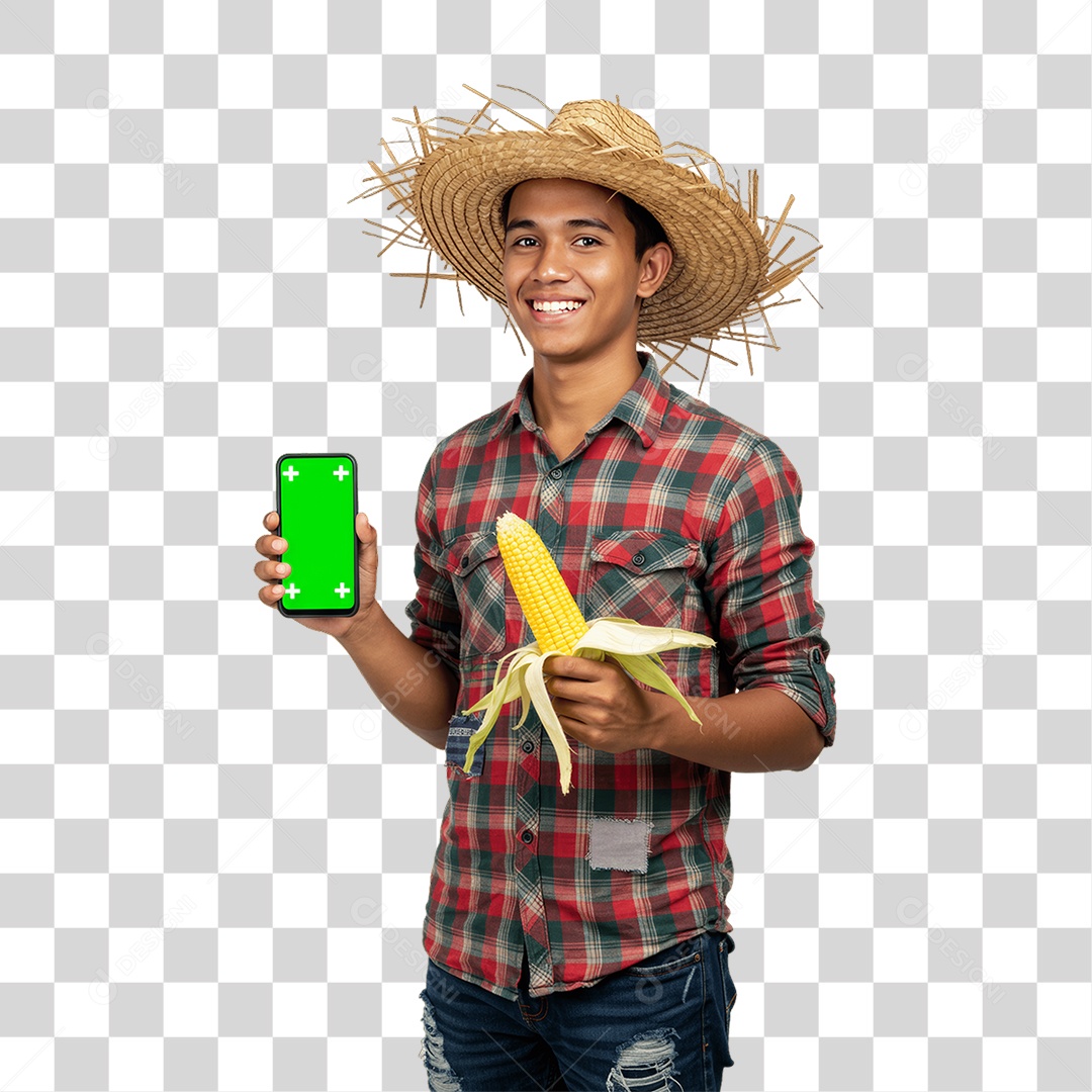 Homem com Roupa de Festa Junina Celular com Chroma Key PNG Transparente