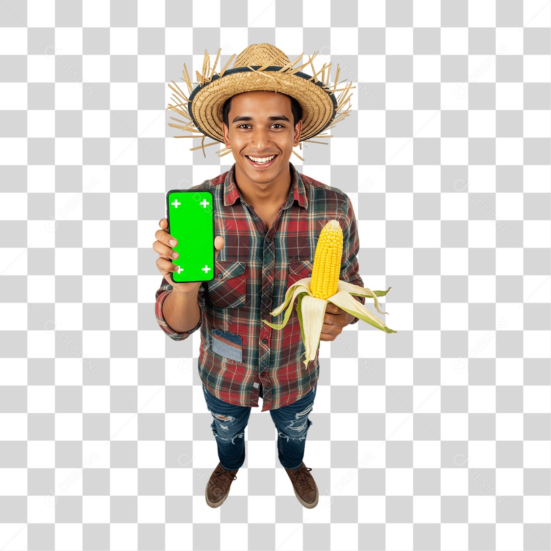 Homem com Roupa de Festa Junina Celular com Chroma Key PNG Transparente