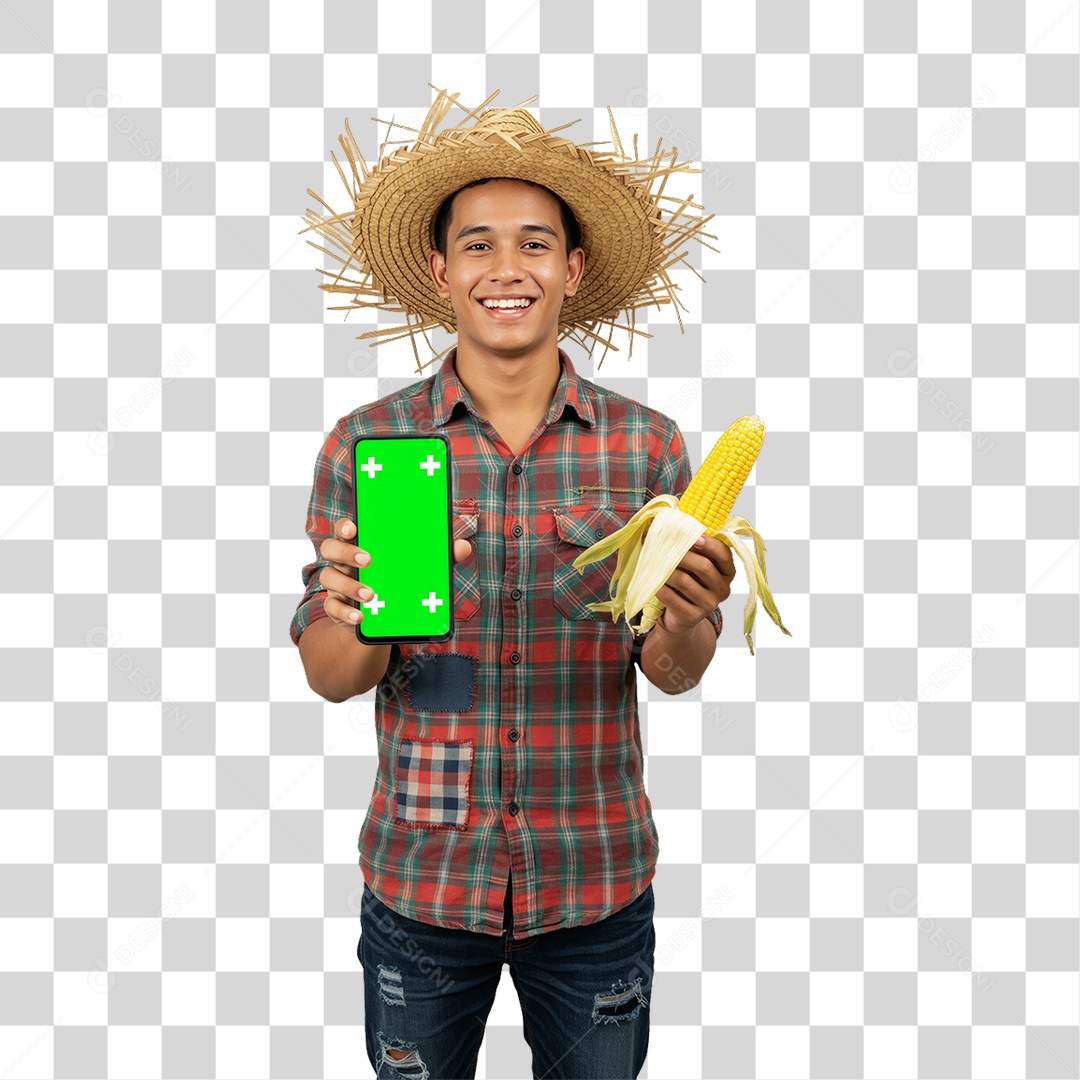 Homem com Roupa de Festa Junina Celular com Chroma Key PNG Transparente