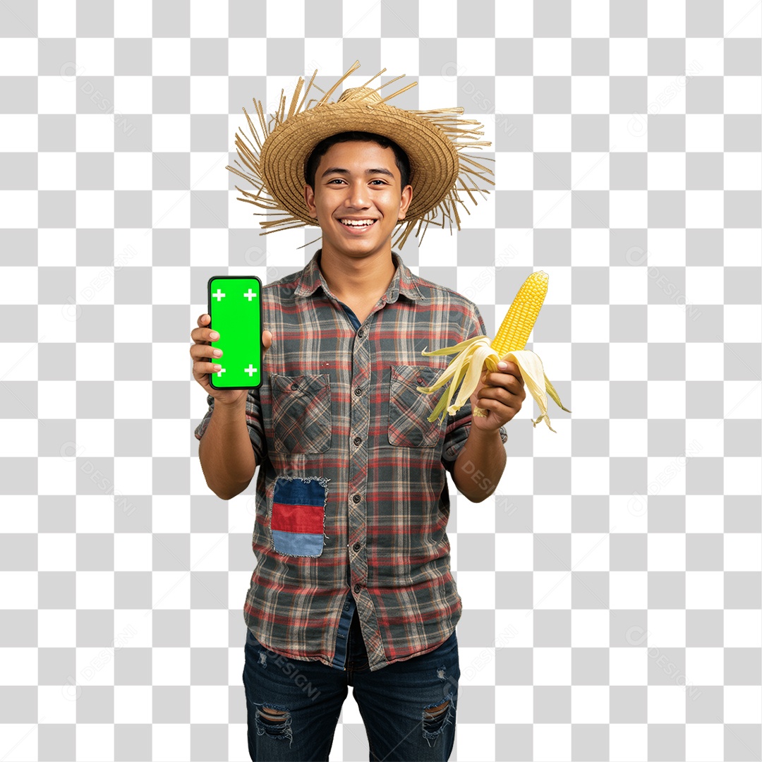 Homem com Roupa de Festa Junina Celular com Chroma Key PNG Transparente