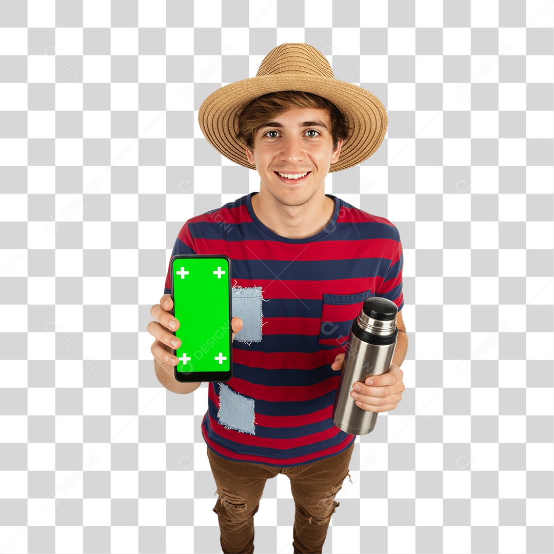 Homem com Roupa de Festa Junina Celular com Chroma Key PNG Transparente