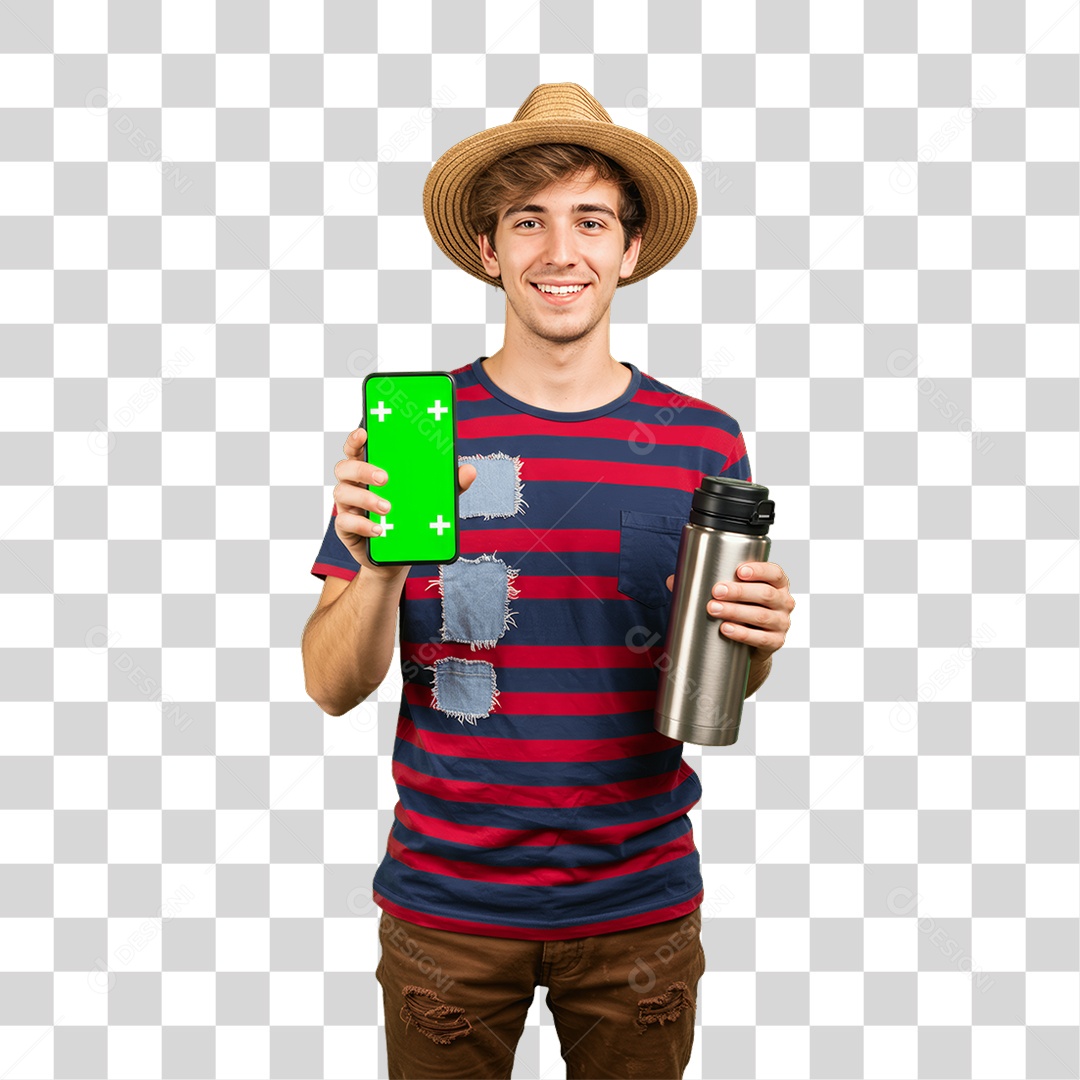 Homem com Roupa de Festa Junina Celular com Chroma Key PNG Transparente