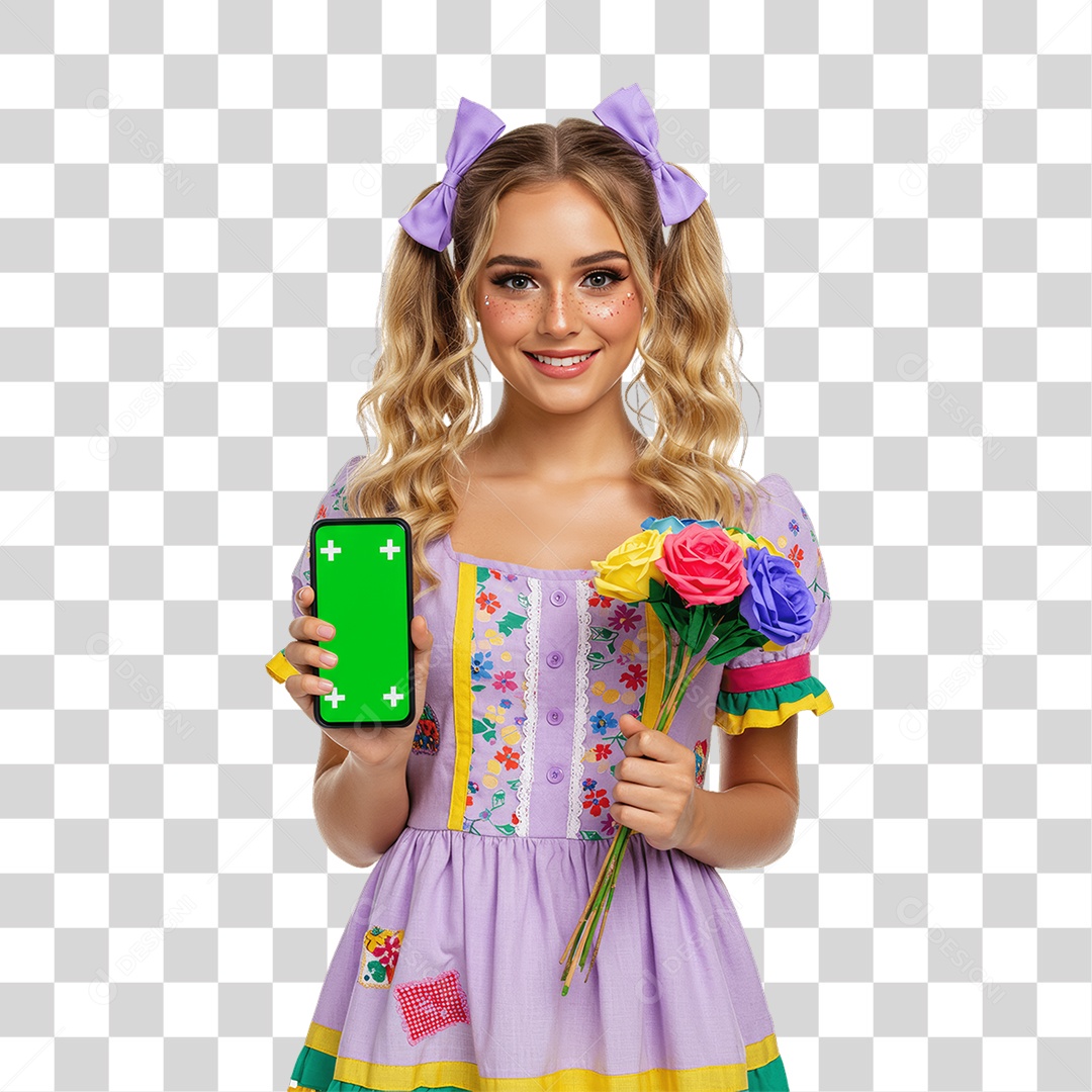 Mulher com Roupa de Festa Junina Celular com Chroma Key PNG Transparente