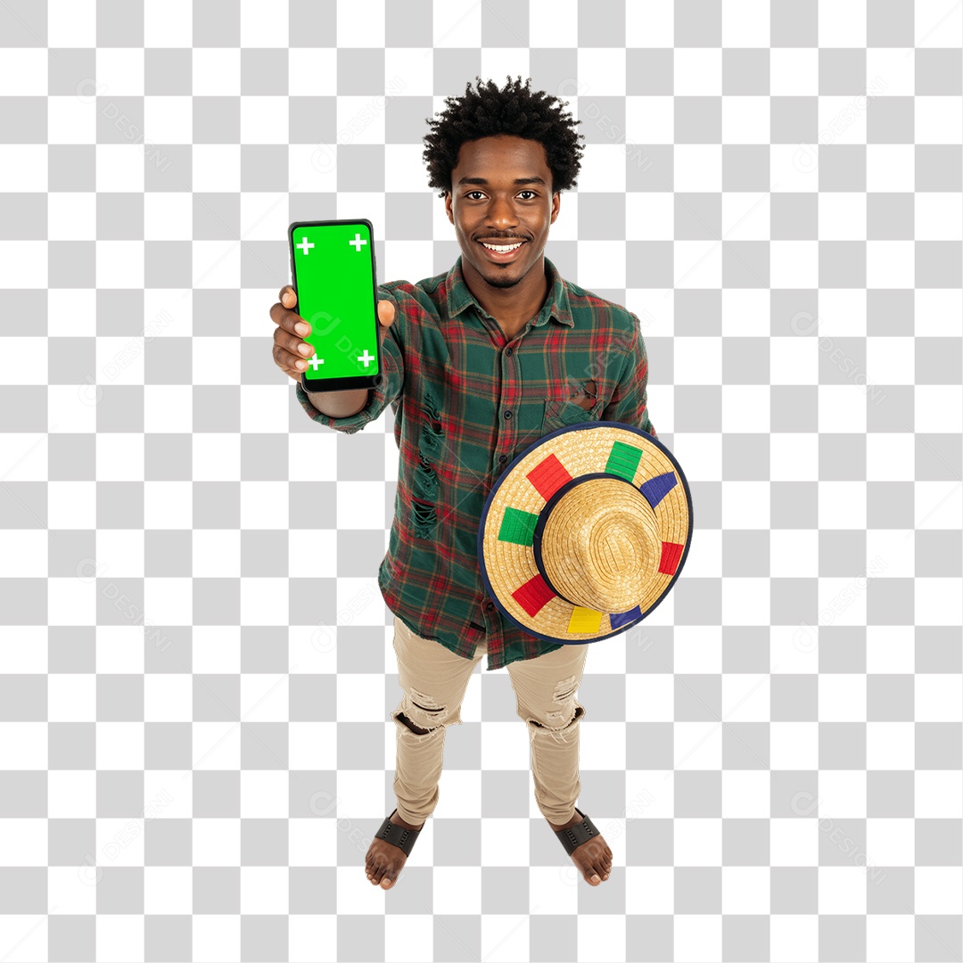 Homem com Roupa de Festa Junina Celular com Chroma Key PNG Transparente