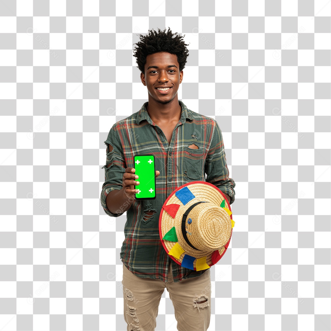 Homem com Roupa de Festa Junina Celular com Chroma Key PNG Transparente