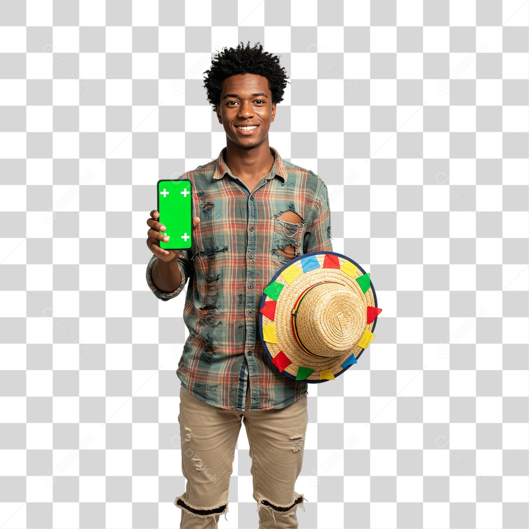 Homem com Roupa de Festa Junina Celular com Chroma Key PNG Transparente