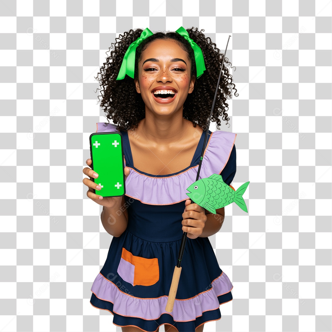 Mulher com Roupa de Festa Junina Celular com Chroma Key PNG Transparente