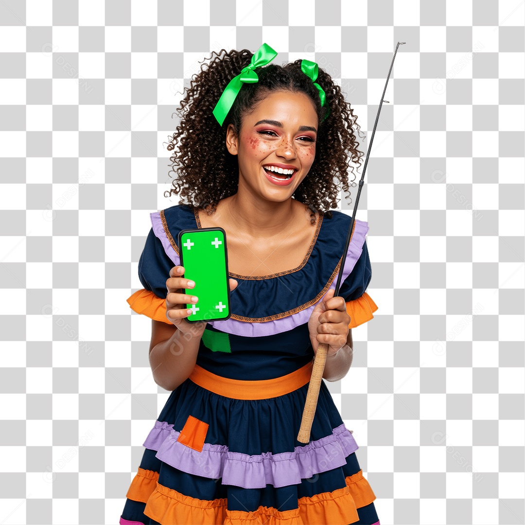 Mulher com Roupa de Festa Junina Celular com Chroma Key PNG Transparente