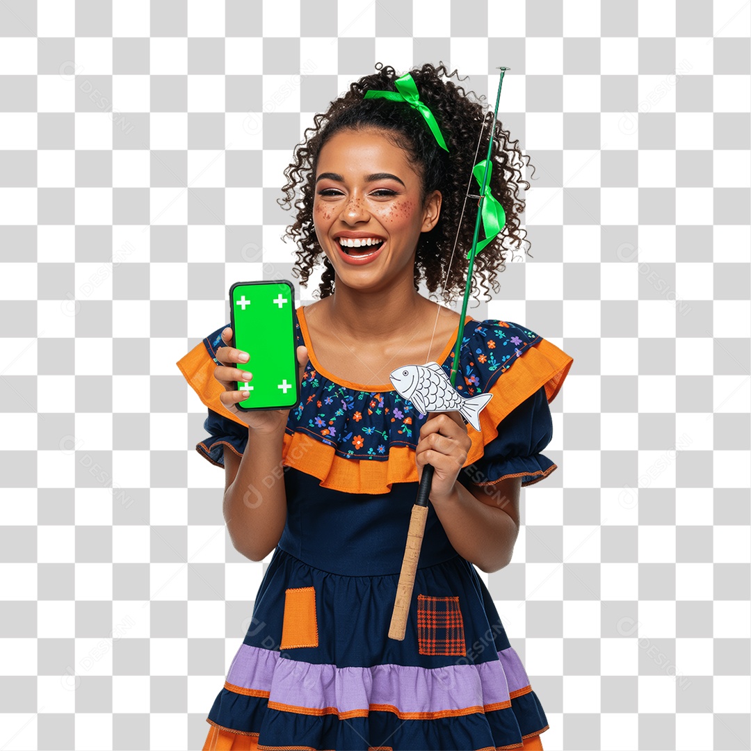 Mulher com Roupa de Festa Junina e Celular com Chroma Key PNG Transparente