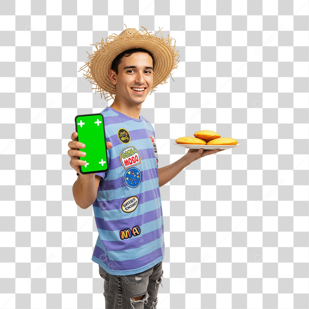 Homem com Roupa de Festa Junina e Celular com Chroma Key PNG Transparente