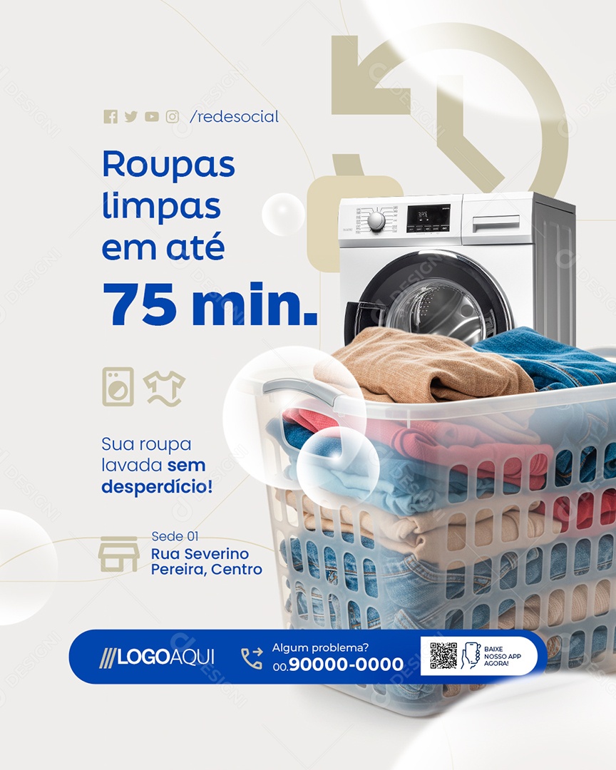 Lavanderia Roupas Limpas em Até 75 Min Social Media PSD Editável