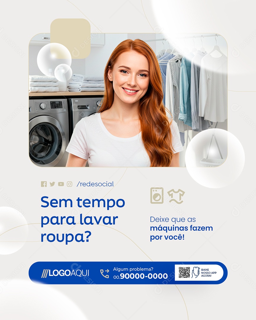 Lavanderia Sem Tempo para Lavar Roupa Social Media PSD Editável