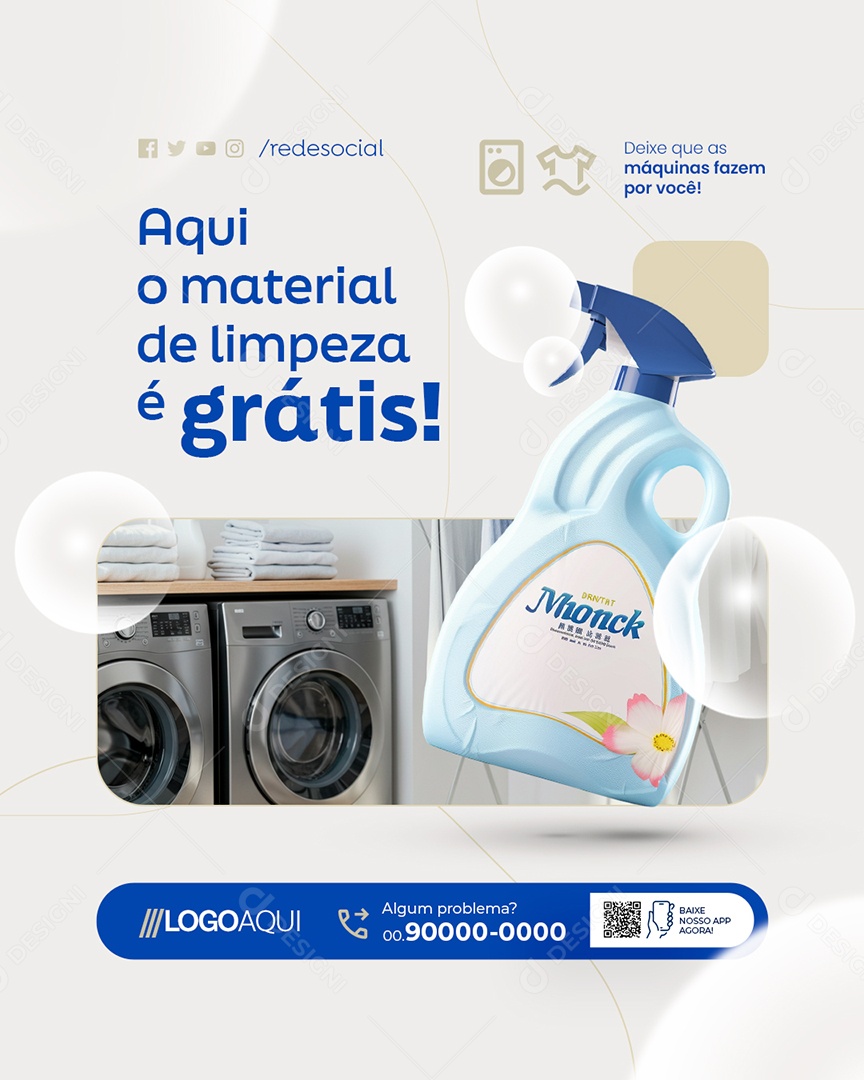 Lavanderia Aqui o Material de Limpeza é Grátis Social Media PSD Editável