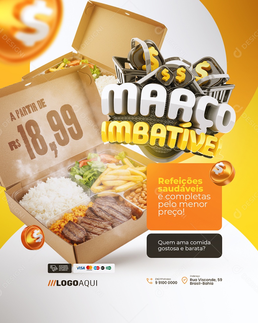 Março Imbatível Marmitas Refeições Saudáveis Social Media PSD Editável