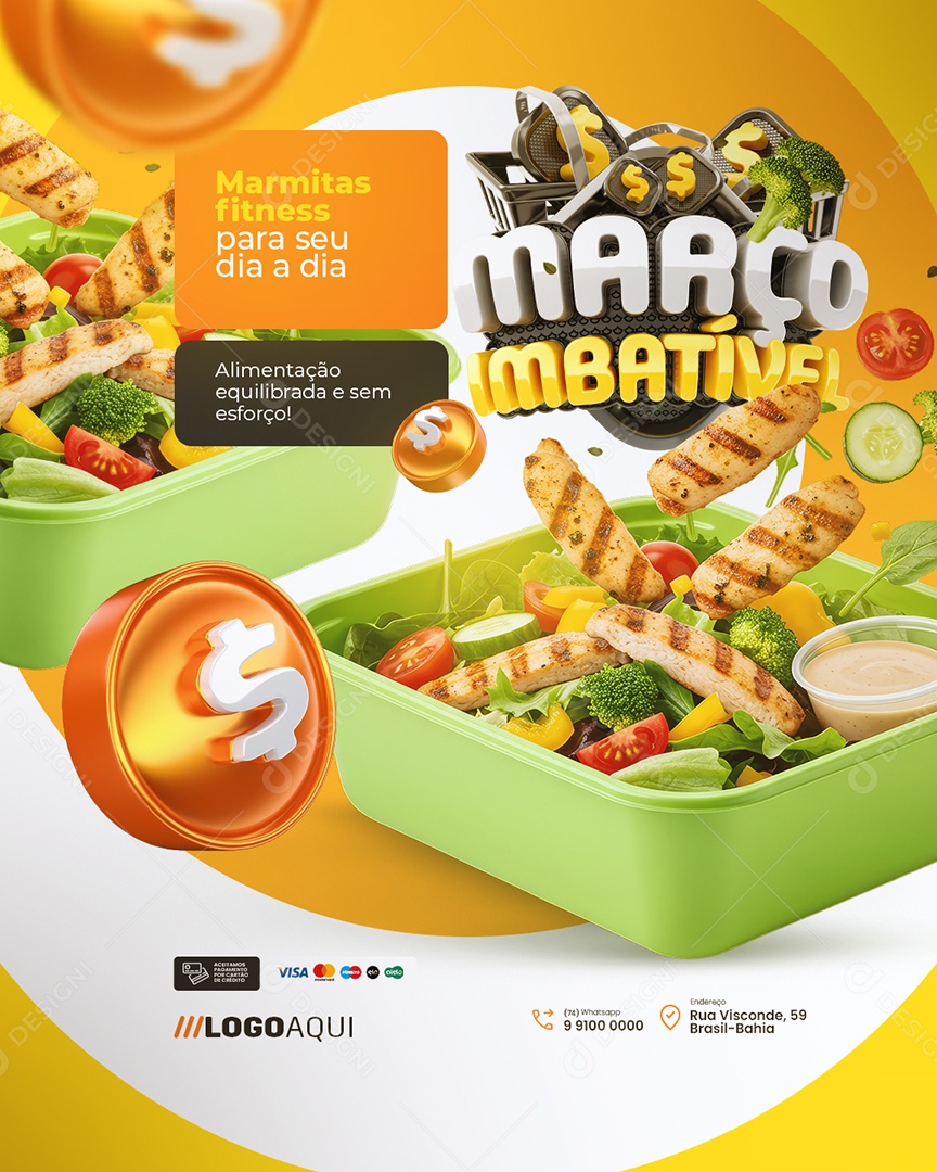 Março Imbatível Marmitas Fitness Para Seu Dia a Dia Social Media PSD Editável