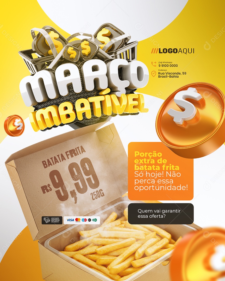 Março Imbatível Marmitas Porção Extra de Batata Frita Social Media PSD Editável