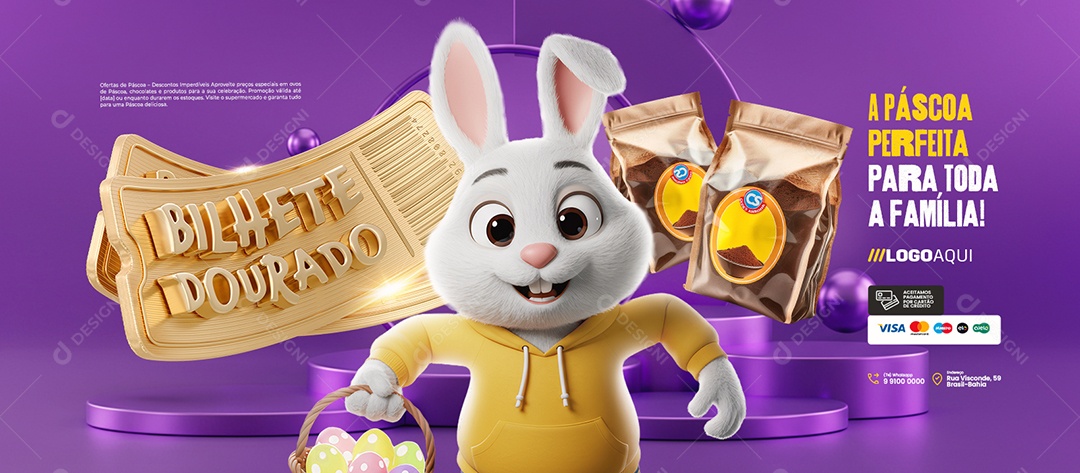 Banner Bilhete Dourado Supermercado A Páscoa Perfeita Social Media PSD Editável