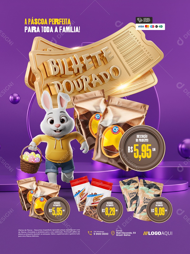 Bilhete Dourado Supermercado Encarte A Páscoa Perfeita Social Media PSD Editável