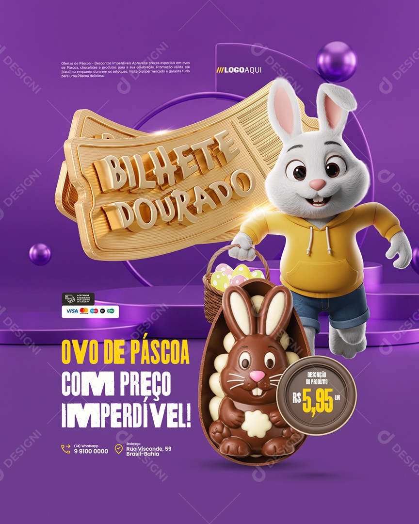 Bilhete Dourado Supermercado Ovo De Páscoa Social Media PSD Editável