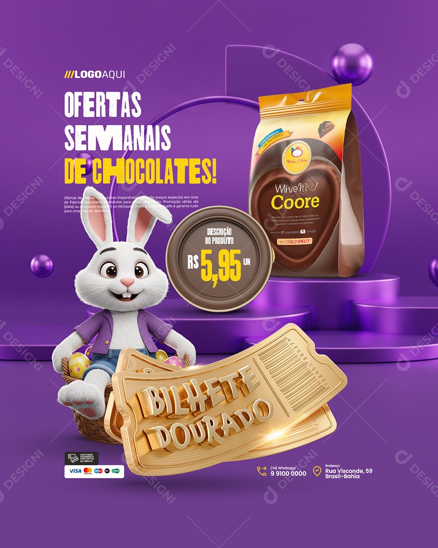 Bilhete Dourado Supermercado Ofertas Semanais de Chocolates Social Media PSD Editável