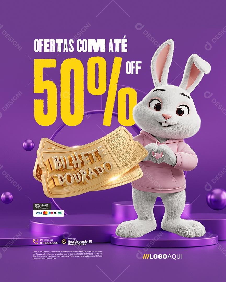 Bilhete Dourado Supermercado Ofertas com Até 50% Off Social Media PSD Editável