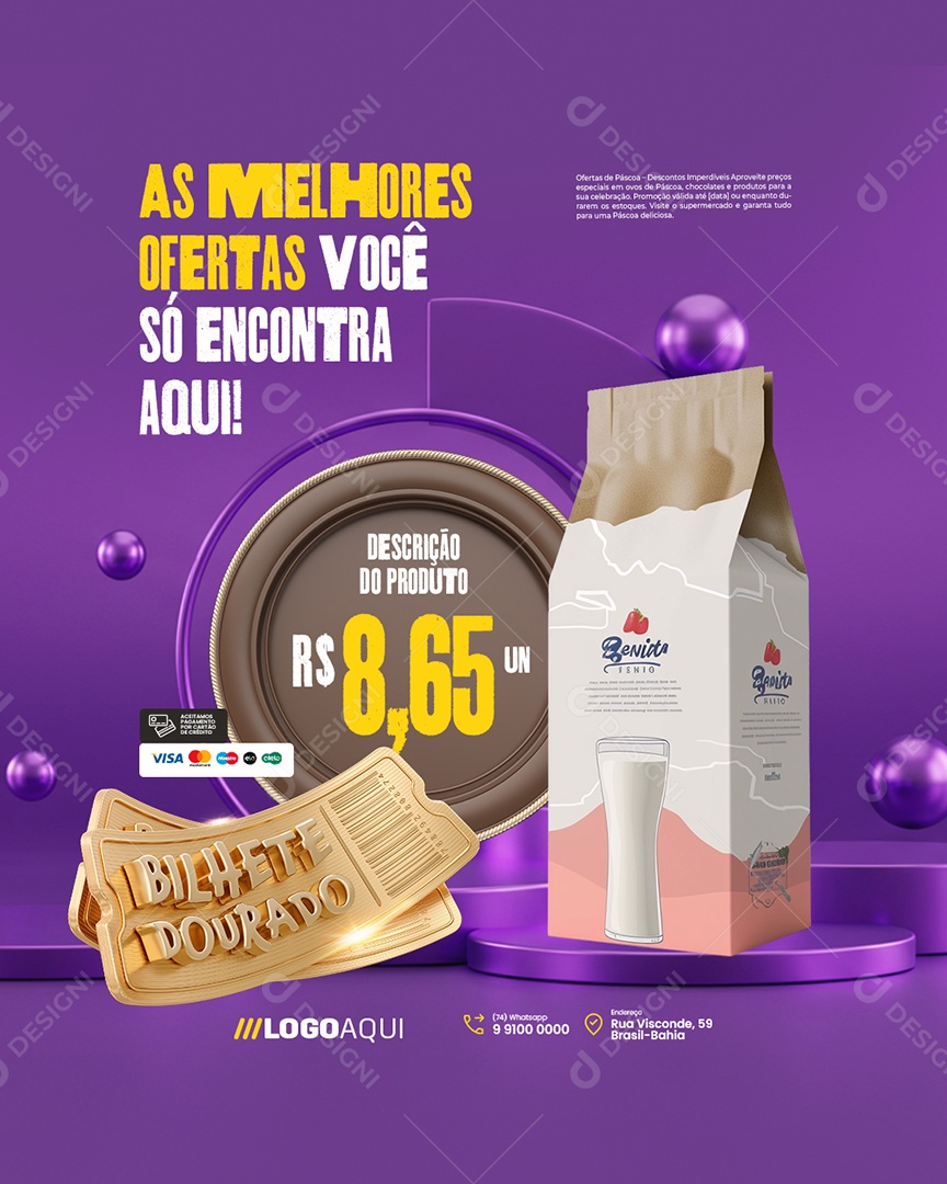 Bilhete Dourado Supermercado As Melhores Ofertas Caixa de Leite Social Media PSD Editável