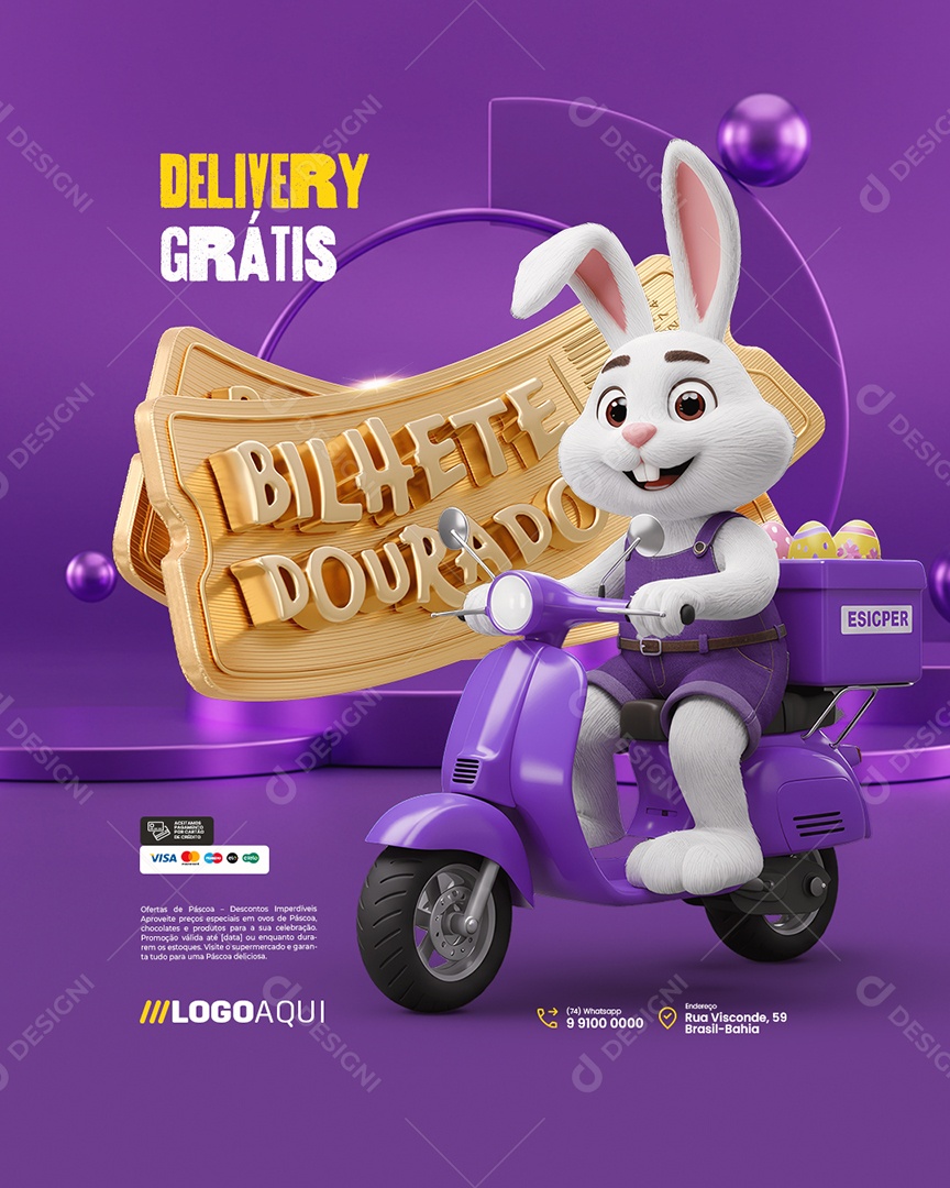 Bilhete Dourado Supermercado Delivery Grátis Social Media PSD Editável