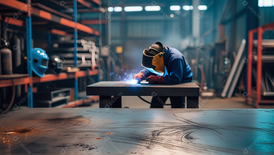 Operário soldando peça em mesa