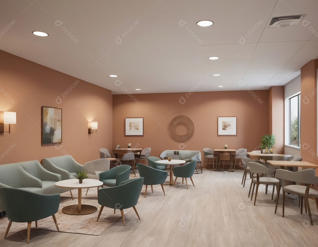 Sala com mesas e cadeiras de um ambiente